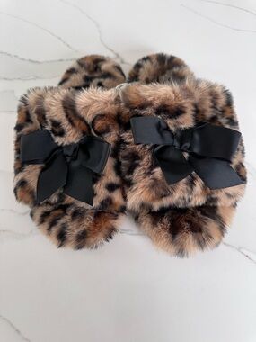 Anthropologie Maeve Leopard Faux-Fur Slide Slippers with Black Bow